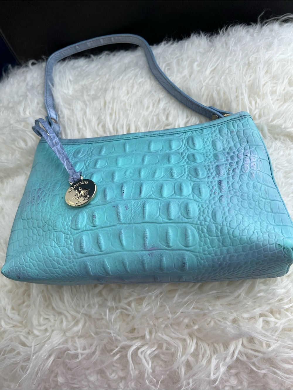 Brahmin Lorelei shoulder handbag w/ a teal crocodile-embossed leather texture.